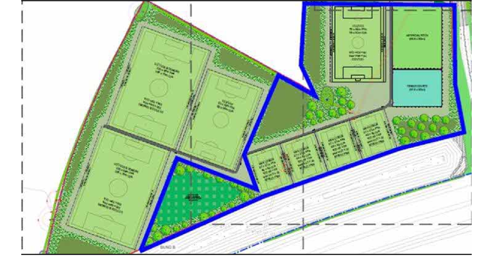 Sports pitches with blue outline showing what is expected to be delivered