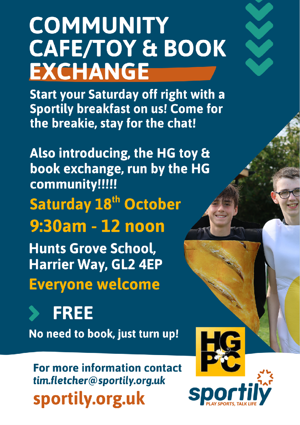 Poster for Sportily Community Cafe and a toy/book exchange. Details as on the webpage