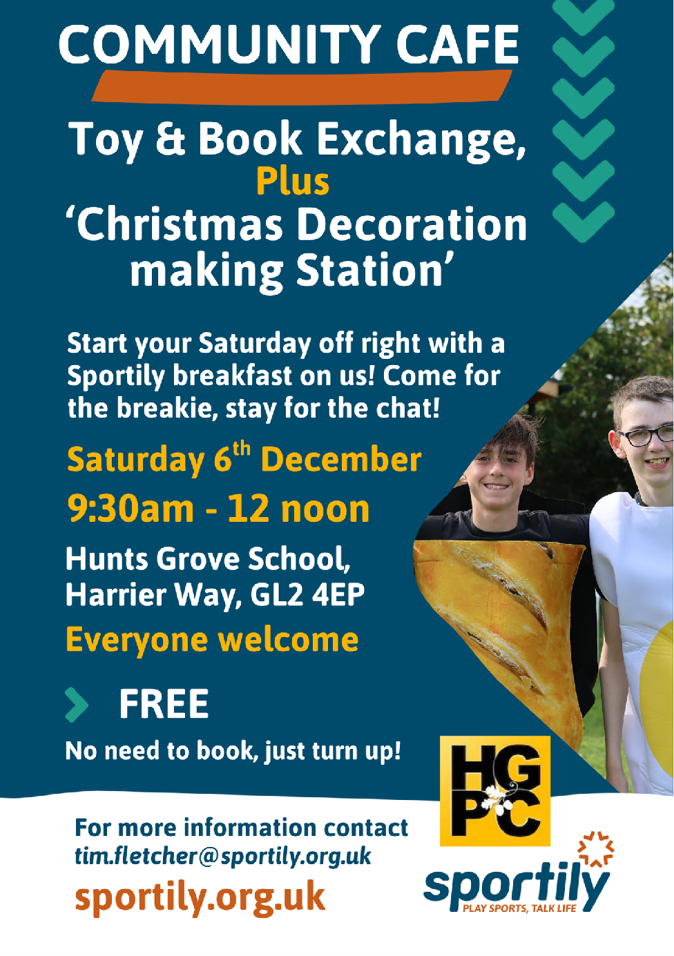 Poster for Sportily Community Cafe and a toy/book exchange. Details as on the webpage